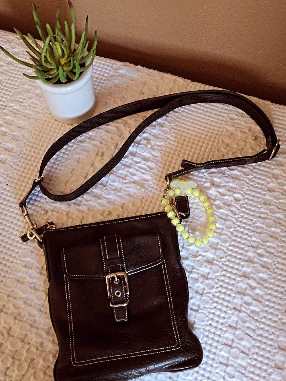 Coach Dark Brown Leather Crossbody with Gold-Tone Buckle